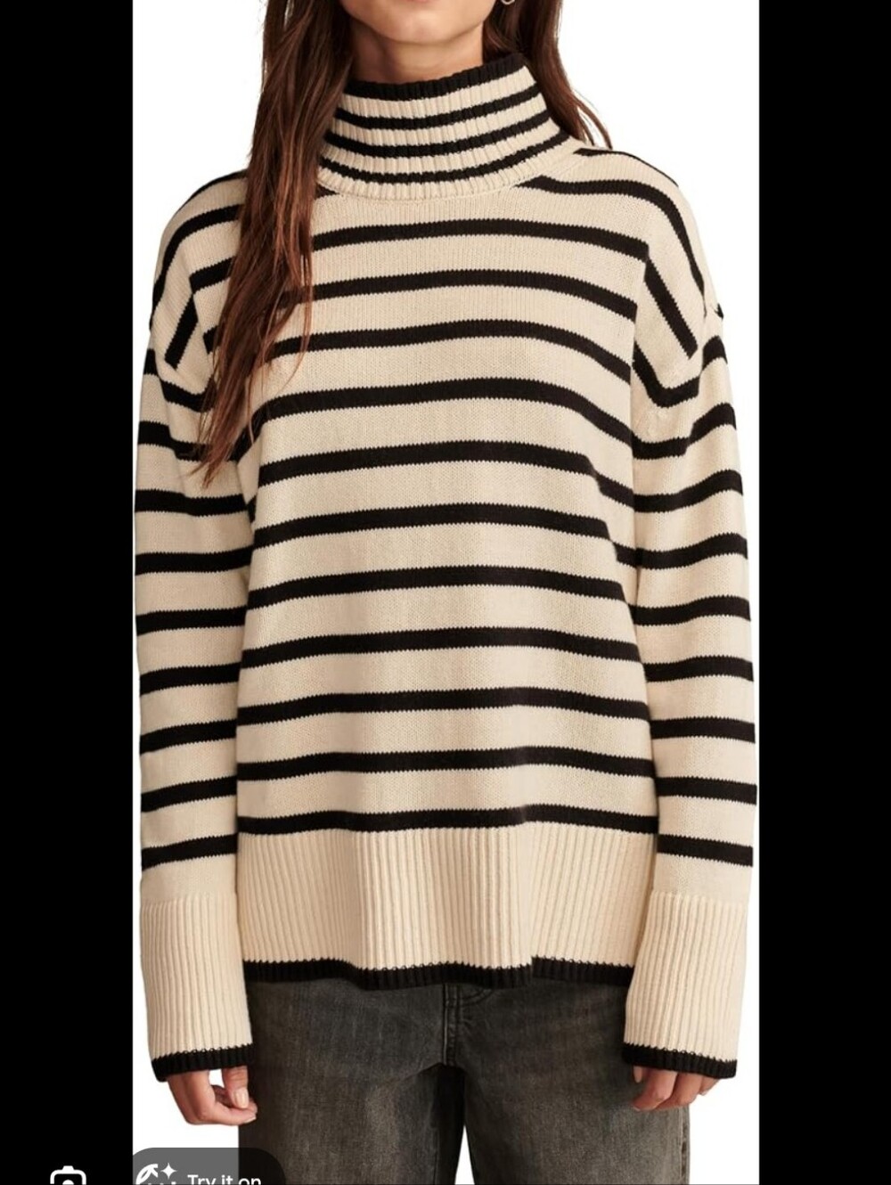 Lucky Brand Women's Mock Neck Black and Cream Striped Tunic Sweater MEDIUM
